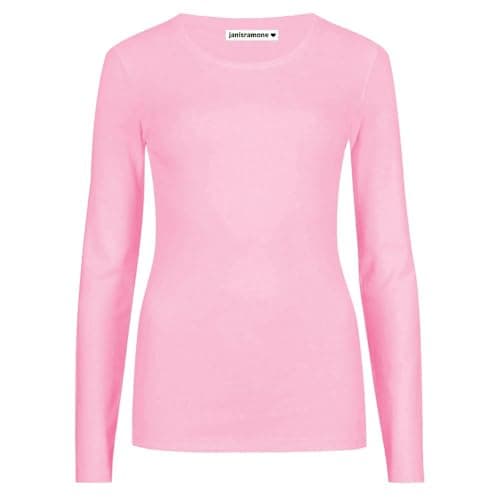 Image of janisramone Womens Ladies Round Neck Long Sleeve T-Shirt Stretchy Plain Fitted Basic Jersey Casual Tee Top Rose Pink