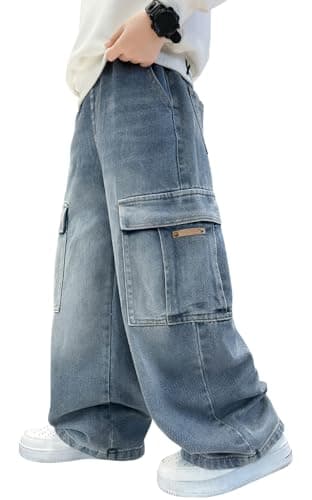 Image of SEAUR Cargo Jeans for Teen Boys Hip Hop Trousers Denim Pants Baggy Vintage Casual for Summer Spring Autumn Winter Light Blue 12-13 Years