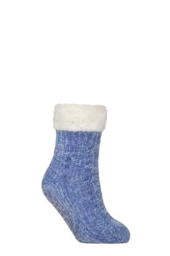 Image of SockShop Womens Faux Fur Lined Chenille Slipper Socks – 1 Pair Thermal Cable Knit with Grips, Plush Indoor Footwear for Cold Weather, Lounge Comfort, UK Size 4-8 Mineral Blue