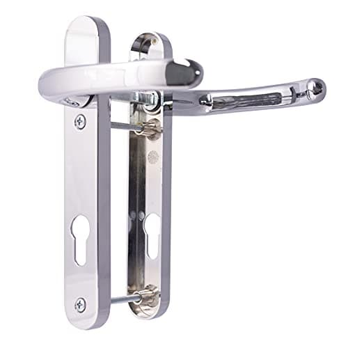 Image of UPVC Door Handles Set - Polished Chrome - Lever/Lever - 92mm PZ (Centres) - 122mm Screw to Screw - Backplate 212mm X 34mm - UPVC Door Handle - Polished Chrome Replacement Handles - PVC Door Handle