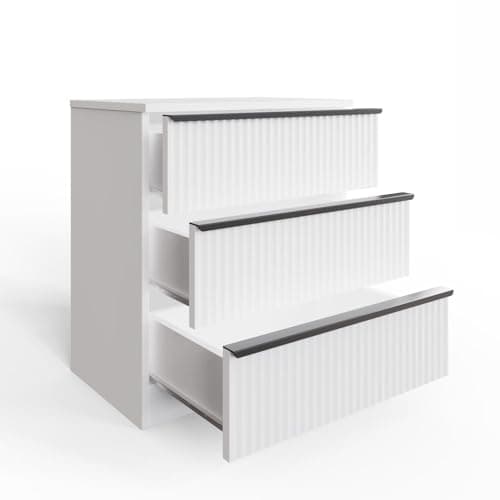 Image of FWStyle White Matt 3 Drawer Chest of Drawers with Ripple Scalloped Fronts and Black Metal Handles, Modern Bedroom Storage Furniture with Scratch Resistant Finish, W60 x H68.5 x D40cm