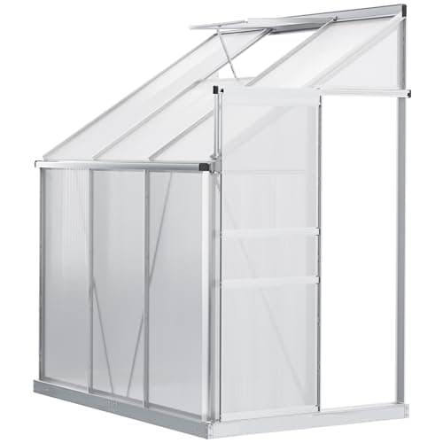 Image of Outsunny 6 x 4ft Lean to Wall Polycarbonate Greenhouse Aluminium Walk-in Garden Greenhouse with Adjustable Roof Vent, Rain Gutter and Sliding Door, Clear