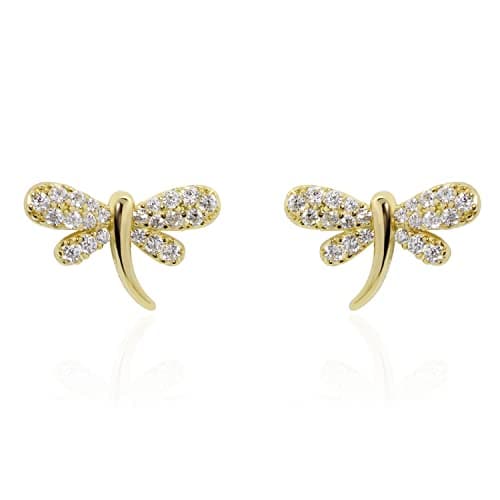 Image of Meissa Gold Earrings for Women Sterling Silver Dragonfly Stud with Cubic Zirconia Cute Animal Stud Earrings Jewellery Gifts for Women Teen Girls, Gold