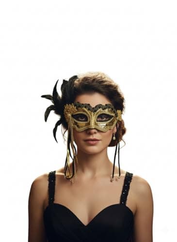 Image of labreeze Black Metallic Masquerade Mask with Feather, Gold and Black Design for New Year's Eve Party, Elegant Venetian Style Costume Accessory