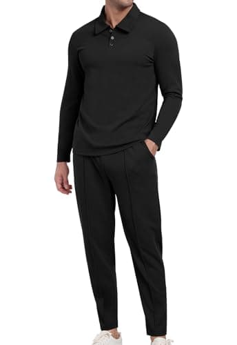 Image of KUYIGO Men's Tracksuits Polo 2 Piece Outfits Long Sleeve Pullover Tracksuit Set Sweatshirt and Joggers Waffle Tops Bottoms Casual Sport Activewear Golf Suit S Black