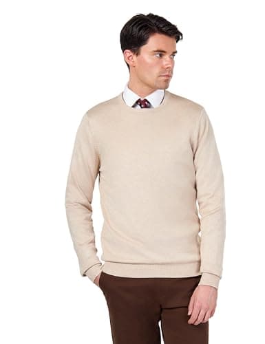 Image of Mens Pure Cotton Cream Round Crew Neck Jumper Classic Fine Knit Lightweight Pullover Sweater [JUMPER-CREW-NECK-542-CREAM-2XL]