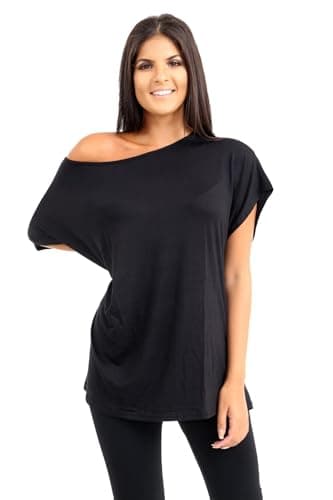 Image of janisramone® Off the Shoulder Tops for Women, Plain Batwing Short Sleeve Oversized T Shirts for Women, Bardot Off Shoulder Top, Casual Baggy T Shirts, Party Wear Black