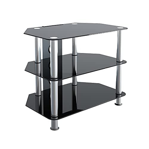 Image of AVF Black Glass TV Stand - Small Glass and Silver Chrome Metal Leg Corner TV Unit Floorstand with Cable Management, 60cm Wide, For TVs Up to 32" & 35kg - SDC600CM