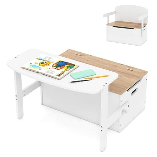 Image of GYMAX 3 in 1 Kids Storage Bench, Convertible Toy Storage Box with Safety Hinge, Wooden Children Table and Chair Set for Playroom Bedroom (White+Natural)