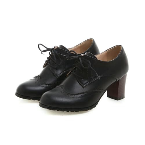 Image of Women Classic Lace Up Mid Block Heels Casual Brogue Shoes Vintage Leather Shoes Black