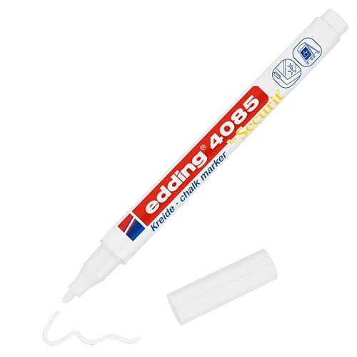 Image of edding 4085 chalk marker - white - 1 chalk pen - round nib 1-2 mm - fine-nib wet wipe pen for chalkboards, windows, glass, mirrors - liquid chalk marker pens for opaque coverage