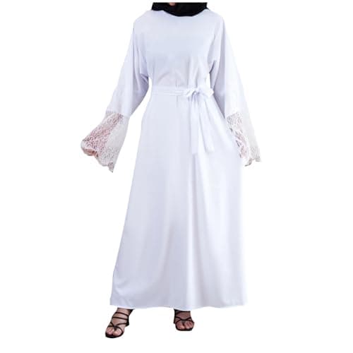 Image of AnnSemo Women Muslim Dress Middle East Arabian Robe Islamic Lace Stitching Long Sleeve Maxi Dress Temperament Prayer with Belt Abaya Jilbab Dubai Kaftan for Eid Ramadan