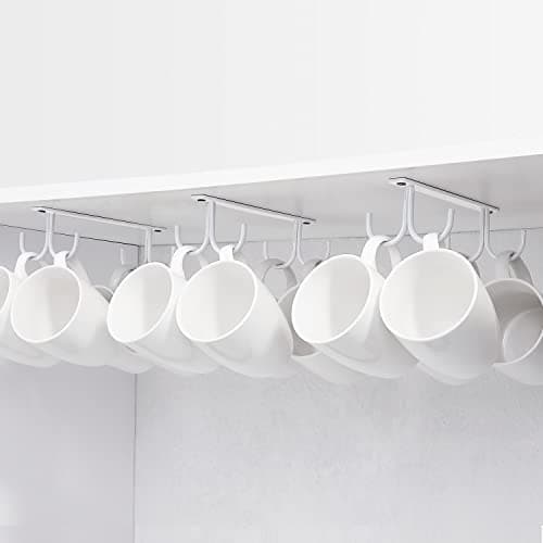 Image of FOMANSH Mug Rack Under Cabinet - Coffee Cup Holder, 12 Mugs Hooks Under Shelf, Display Hanging Cups Drying Hook for Bar Kitchen Utensils White