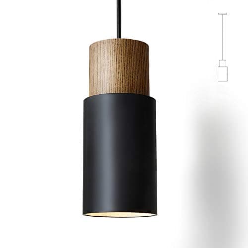 Image of ouglres Black Cylinder Pendant Light,Wood Pendant Lights for Kitchen Island,Durable Metal Shade,Adjustable Breakfast Bar Lights,Industrial E27 Hanging Lamp for Dining Table,Bedroom,1pack