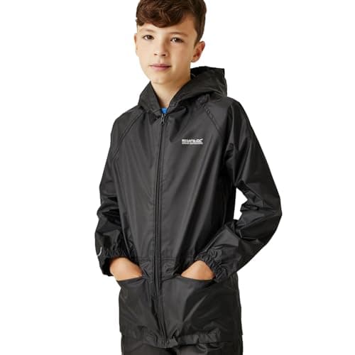 Image of Regatta Kid's Stormbreak Waterproof Taped Seams 2 Side Pockets Press Studs at Hem Over Trousers Jacket, Black, 13 yr ,W908 800K13