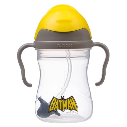 Image of b.box Batman Sippy Cup | Drink from Any Angle | Fliptop, Weighted Straw, Leak Proof & Easy Grip | BPA Free, Dishwasher Safe | from 6m+ | 240ml