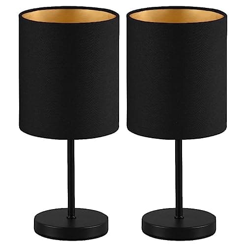 Image of Britalia 2 Pack - Matt Black Slimline Metal Stem Table Desk Lamp with Fabric Cylinder Drum Shade | 28cm Height | 1 x SES E14 Lamp Bulb Required | UK Approved | Sleek & Simplistic Design