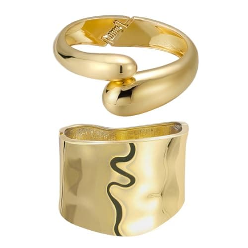 Image of Emibele Gold Wide Bangle Cuff Bracelet Stack, Chunky 18K Gold Plated Teardrop Hinged Thick Bangle Bracelet Set, Non Tarnish Gold Bracelets for Women, 2 Pack