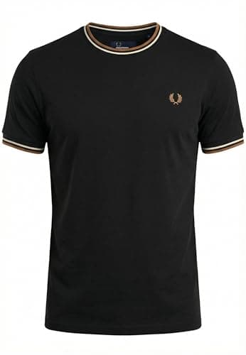Image of Fred Perry Twin Tipped T-Shirt, Black with Ecru and Dark Caramel Trim (UK, Alpha, M, Regular, Regular, Black/Ecru/Dark Caramel)