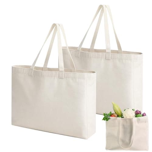 Image of dogmoon Cotton Bags, 2PCS Cotton Canvas Plain Tote Bags with Handle, Reusable Large Canvas Bag, 100% Cotton Canvas Bags for Shopping and Travel(45x35x8cm, Off White)