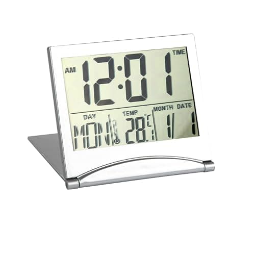 Image of BakeWhiz Digital Travel Alarm Clocks with LCD Display Gifts Foldable Desk Top Clock with Day Date Temperature Battery Powered Mini Portable Small Bedside for Lover Teachers Travel Home Office Silver