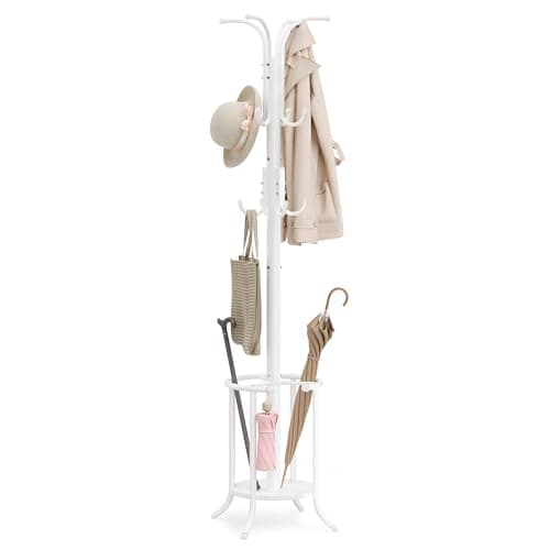 Image of SONGMICS Coat Rack Freestanding, Coat Stand with Umbrella Holder, 12 Hooks, Metal, 175 cm Tall, for Entryway, Hallway, Living Room, Bedroom, Pearl White RCR011W01
