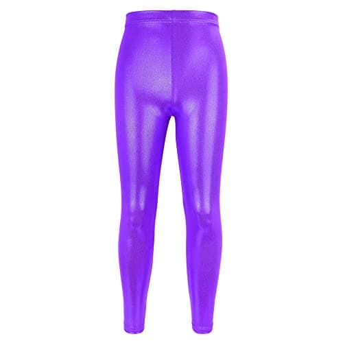 Image of PythJooh Girls Dance Leggings, Little Girls Sparkle Glitter Gymnastics Full Length Pants Metallic Athletic Dancewear Leggings 3-14 Years Purple