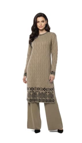 Image of Generation Fashion New Ladies Women Knitted Long Sleeves Cable Knit Co-Ord Wide Leg Pant Crew Neck Jumper Sweater Top Set(Mocha,S)