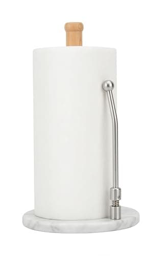 Image of Spiretro Elegant Marble & Wood Paper Towel Holder – Real White Marble Base, Natural Wood Rod & Stainless Steel Tension Arm – Jumbo Roll Compatible – 7.75" W x 7.75" D x 13.25" H