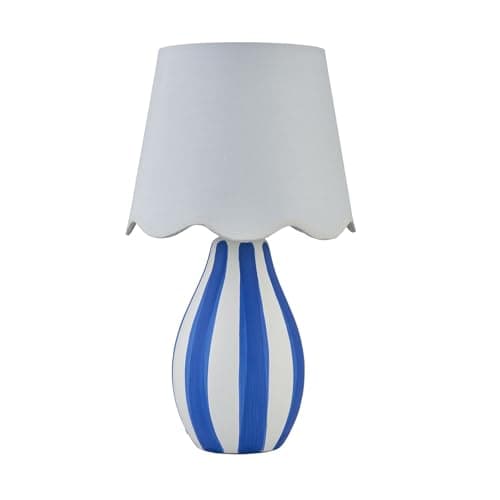 Image of firstchoicelighting Blue Striped Ceramic Table Lamp or Bedside Light, White Scalloped Fabric Shade, Height 37.5cm, LED Compatible