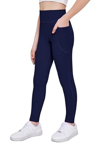 Image of Arshiner Girls Leggings Kids Long Sports Leggings Navy Blue Plain High Waist Sports Trousers Basic Elastic Jeggings Jogging Training Yoga Trousers with Pockets 11-12 Years