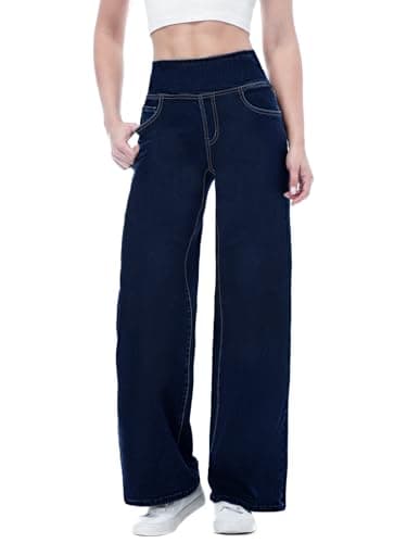 Image of Chasehot Pull on Wide Leg Jeans for Women, High Waisted Stretchy Baggy Trendy Tummy Control Straight Leg Jeans Denim Pants Dark Blue-M