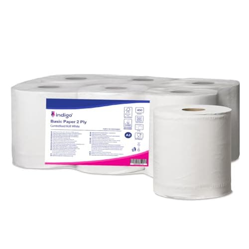 Image of Indigo® 6 x White Centrefeed Rolls – 2 Ply, 150m x 180mm – Strong & Absorbent Wiping Tissue for Cleaning, Hygiene, Kitchen, Office & Home Use