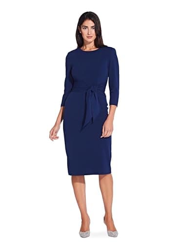 Image of Adrianna Papell Women's Bow Sheath Dress with Three Quarter Sleeves, Navy Sateen, 8