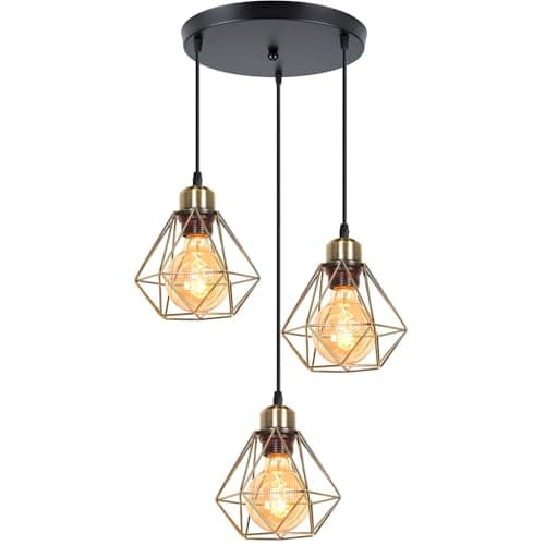Image of iDEGU 3 Lights Vintage Ceiling Pendant Light Fitting, 16cm Geometric Cage E27 Industrial Hanging Lamp Metal Chandelier Lamp Shade for Bedroom Living Room Dining Room Kitchen (Bronze, 3-Light Round)