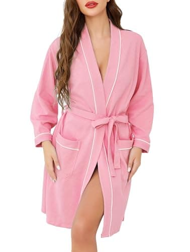 Image of Vlazom Women Dressing Gown, Lightweight Waffle Robe Soft Cotton Bathrobes Mid-Length Robes with Pockets for All Seasons Spa Hotel Sleepwear Pink,M
