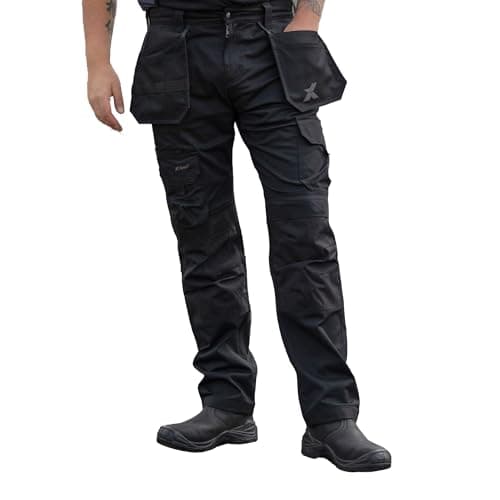 Image of Xpert - Pro Stretch+ Work Trousers Mens 30W / 31L Black Tapered Fit Combat Cargo Pants with Stretch Panels, Multi Utility Pockets, Flex Waistband and Knee Pad Pockets