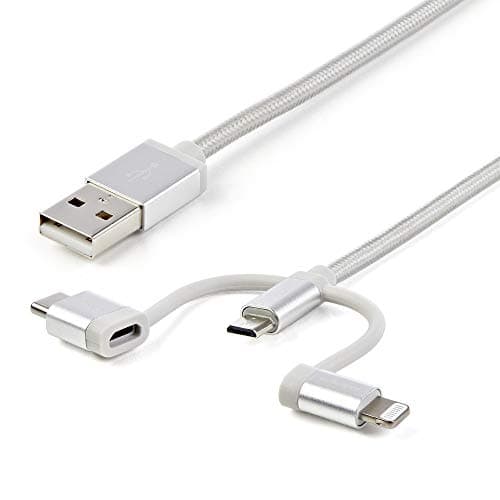 Image of StarTech USB Multi Charging Cable - 3.3 ft / 1m - Lightning/USB-C/Micro-USB - Braided - MFi Certified - USB 2.0-3 in 1 Charging (LTCUB1MGR)