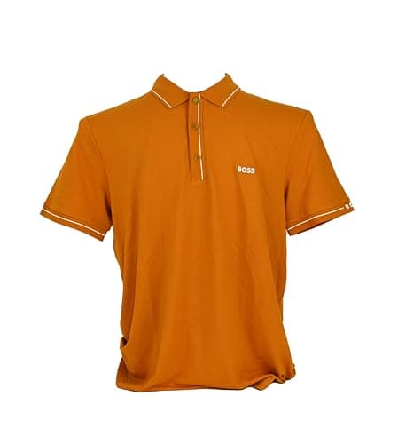 Image of BOSS Mens Paule Short Sleeve Polo Shirt in Burnt Orange & White Size L - Large