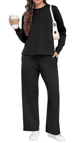 Image of GRECERELLE Tracksuit Womens Full Set Two Piece Outfits Women Autumn Long Sleeve Lounge Wear Sets for Women Casual Pullover Crew Neck Tops and Jogging Bottoms with Pockets (Black-M)