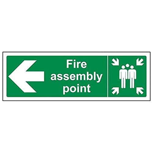 Image of V Safety Fire Assembly Point Arrow Left Sign - 300mm x 100mm - Self Adhesive Vinyl