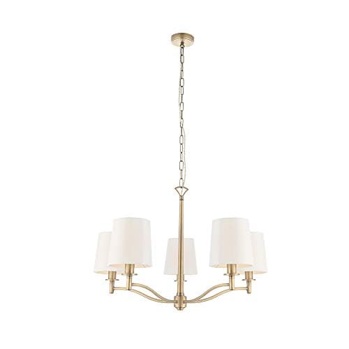 Image of National Lighting Rowan Decorative 5 Way Branch Arm Matt Antique Brass E14 LED Compatible Pendant Ceiling Light with White Fabric Shades 740mm