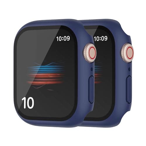 Image of HANKN 2 Pack Hard Case for Apple Watch Series 6 5 4 SE 44mm Tempered Glass Screen Protector Case, Full Coverage Ultra-thin Shockproof Iwatch Cover Bumper (Blue+Blue, 44mm)
