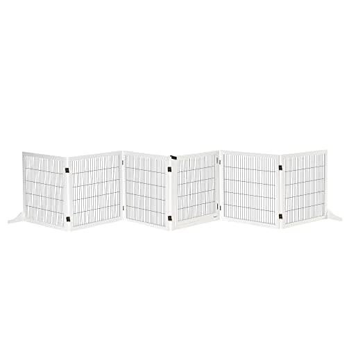 Image of PawHut Freestanding Pet Gate, 6 Panel Foldable Playpen, Wooden Dog Gate with 2 Support Feet, for Stairs, Doorway - White