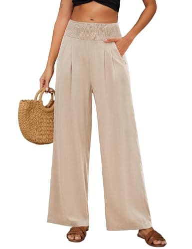 Image of PASUDA Women's Linen Trousers Wide Leg Elastic High Waist Pants Summer Palazzo Trousers with Pockets Ladies Cotton Solid Color Straight Leg Long Pants Casual Beach Holiday (Khaki, XL)