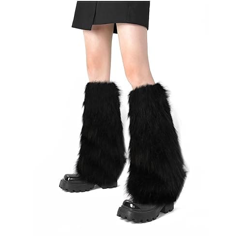 Image of XEPST Faux Fur Fuzzy Leg Warmers Furry Boot Covers for Women, Warm Fuzzy Boot Cuff Boot Sleeves Y2K Leg Warmers for Party Costumes, Black, 40 CM