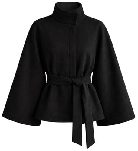 Image of MAXATTIRE Women’s Elegant Black Wool Blend Short Wrap Coat Wide Flare Sleeves Stylish Mock Neck Cape Jacket