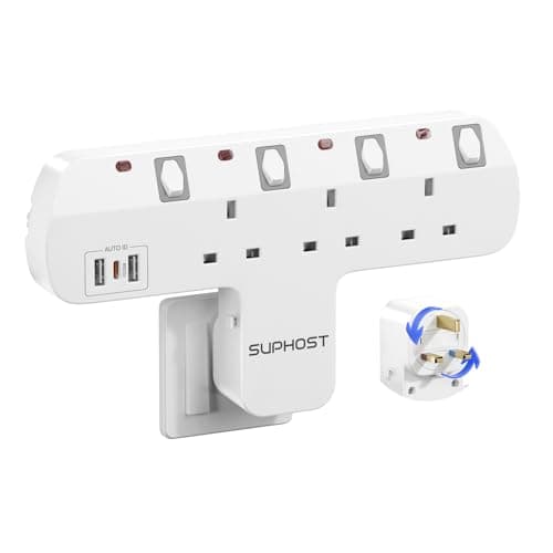 Image of Plug Extension Socket with 180 Degree Rotating UK Plug, 3 Way Multi Plug Adaptor with 2 USB-A & 1 PD 20W USB-C, 13A Fused Plug Adapter with Independent Switches, Multi Socket Plug Extension for Home