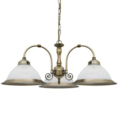 Image of 3 Lights Antique Brass Pendant Light Ribbed Glass Lamp Shades Vintage Ceiling Lantern K431