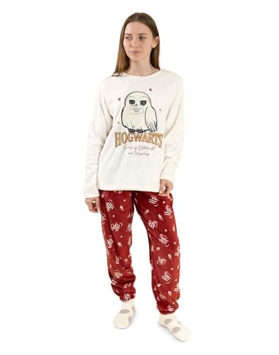 Image of Harry Potter Hedwig Women's Long Sleeve Long Leg Pyjama Set | Cosy Fleece Sleepwear in Red and Cream | Hogwarts School of Witchcraft and Wizardry Design Merch - Small